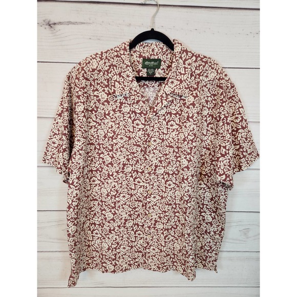Eddie Bauer Men's Burgundy Tan Floral Short Sleeve Button Down Shirts‎ Size XL - Picture 1 of 6